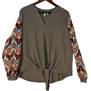 Cato Women Brown Aztec Sleeve Tie Front VNeck Long Sleeve Top Plus Size 18/20